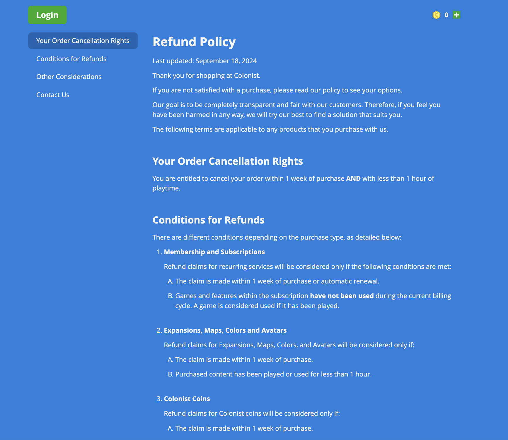 Colonist Refund Policy page